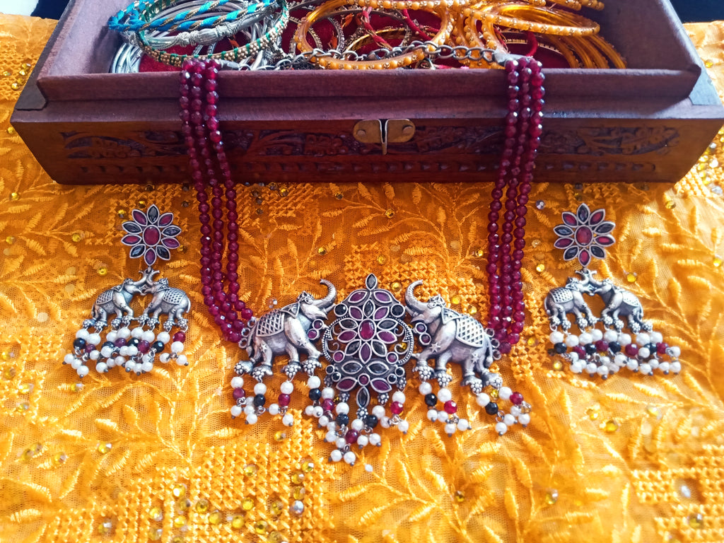 N0155_Exquisite pure German silver Oxidized necklace set studded with pink & black ruby stones with a touch of magenta crystals & pearls.