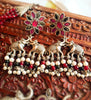 N0155_Exquisite pure German silver Oxidized necklace set studded with pink & black ruby stones with a touch of magenta crystals & pearls.