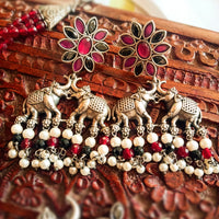 N0155_Exquisite pure German silver Oxidized necklace set studded with pink & black ruby stones with a touch of magenta crystals & pearls.