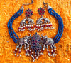 N0157_Exquisite pure German silver Oxidized necklace set studded with blue & pink ruby stones with a touch of blue crystals & pearl drops.
