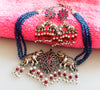 N0157_Exquisite pure German silver Oxidized necklace set studded with blue & pink ruby stones with a touch of blue crystals & pearl drops.
