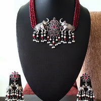 N0155_Exquisite pure German silver Oxidized necklace set studded with pink & black ruby stones with a touch of magenta crystals & pearls.