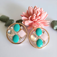 E0414_Classy circular shaped stud with a touch of ocean green & pale pink stones.