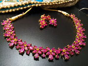 N0179_Classy Floral design necklace set embellished with shiny pink ruby stones.