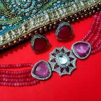 N0117_Classy  pink crystal choker necklace set with a over sized dazzling pendant studded  with  American diamond stones.