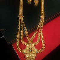 N0176_Ravishing traditional style Gold plated long layered grand necklace set with fine artwork of floral designs studded with pink and green ruby stones with a touch of broad chain drop pendant.