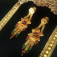 N0176_Ravishing traditional style Gold plated long layered grand necklace set with fine artwork of floral designs studded with pink and green ruby stones with a touch of broad chain drop pendant.