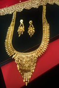 N0175_Ravishing traditional style Gold plated long necklace set with fine artwork of floral designs with a touch of broad chain drop pendant.