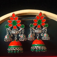 E0800_Gorgeous german silver oxidized jumkas with delicate meena work with a touch of glossy bead drops.