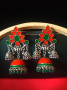 E0800_Gorgeous german silver oxidized jumkas with delicate meena work with a touch of glossy bead drops.