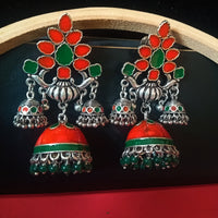 E0800_Gorgeous german silver oxidized jumkas with delicate meena work with a touch of glossy bead drops.