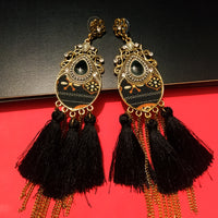 E0801_Classy trendy thread chain drop danglers with a touch of fabric studded with stones with delicate designs.