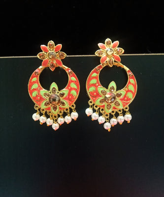 E0799_Lovely vibrant crafted earrings with flower design studded with stones with a touch of bead drops.