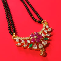 N0181_Elegant style mangalsutra with fine floral design studded with American Diamond stones with a touch of pink and green ruby stones.