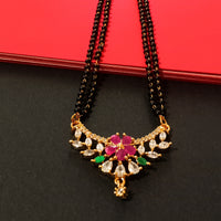 N0181_Elegant style mangalsutra with fine floral design studded with American Diamond stones with a touch of pink and green ruby stones.