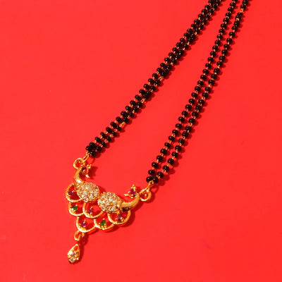 N0183_Elegant style mangalsutra with beautiful peacock design pendant studded with American Diamond stones with a touch of pink and green ruby stones.