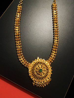 N0189_Elegant Micro Gold plated Necklace with delicate work of broad circular pendant studded with Precious green ruby stones with a touch of golden bead drops.