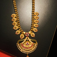 N0190_Elegant Micro Gold plated Necklace with delicate work of broad pendant studded with American Diamond stones with a touch of Precious pink & green ruby stones.