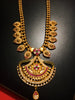 N0190_Elegant Micro Gold plated Necklace with delicate work of broad pendant studded with American Diamond stones with a touch of Precious pink & green ruby stones.
