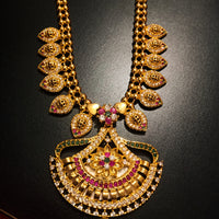 N0190_Elegant Micro Gold plated Necklace with delicate work of broad pendant studded with American Diamond stones with a touch of Precious pink & green ruby stones.