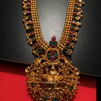 N0191_Elegant Micro Gold plated Necklace with delicate work of lakshmi design pendant studded with a touch of Precious pink & green ruby stones.