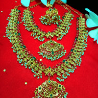 N0140_Gorgeous Micro Gold matte polish Temple jewelry necklace set studded with pink & green semi precious stones.