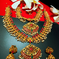N0140_Gorgeous Micro Gold matte polish Temple jewelry necklace set studded with pink & green semi precious stones.