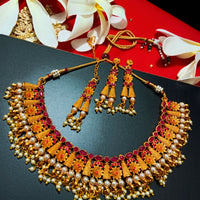 N0193_Gorgeous Temple jewelry style Micro Gold matte polish choker Necklace set along with earrings and maang tika with delicate work studded with a touch of semi Precious pink stones and pearl drops.