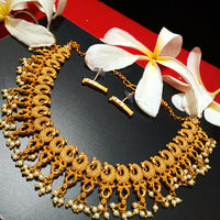 N0196_Gorgeous Temple jewelry style Micro Gold matte polish choker necklace set with delicate art work of peacock design with a touch of pearl drops.