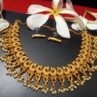 N0196_Gorgeous Temple jewelry style Micro Gold matte polish choker necklace set with delicate art work of peacock design with a touch of pearl drops.