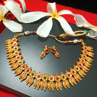 N0197_Elegant Temple jewelry style Micro Gold matte polish choker necklace set with delicate art work of floral and leafy design with a touch of pink & green stones.