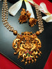 N068_Gorgeous matte Gold polish Temple jewelry design Lakshmi pendant  necklace studded with pink and green ruby stones followed by small pearls.