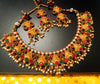 N0198_Gorgeous Temple jewelry style Micro Gold matte polish choker necklace set with delicate art work studded with a touch of  pink & green stones along with pearl drops.
