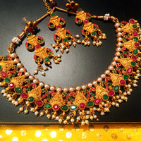 N0198_Gorgeous Temple jewelry style Micro Gold matte polish choker necklace set with delicate art work studded with a touch of  pink & green stones along with pearl drops.