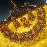 N0198_Gorgeous Temple jewelry style Micro Gold matte polish choker necklace set with delicate art work studded with a touch of  pink & green stones along with pearl drops.