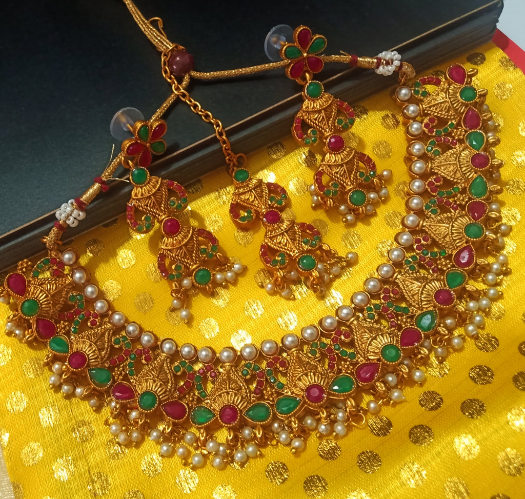 N0198_Gorgeous Temple jewelry style Micro Gold matte polish choker necklace set with delicate art work studded with a touch of  pink & green stones along with pearl drops.