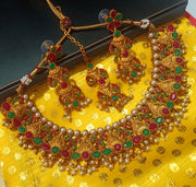 N0198_Gorgeous Temple jewelry style Micro Gold matte polish choker necklace set with delicate art work studded with a touch of  pink & green stones along with pearl drops.