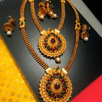N0200_Grand Temple jewelry style Micro Gold matte polish necklace set with delicate art work of tear drop design over sized pendant studded with a touch of  pink, green & white stones along with pearl drops.