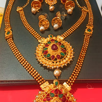 N0200_Grand Temple jewelry style Micro Gold matte polish necklace set with delicate art work of tear drop design over sized pendant studded with a touch of  pink, green & white stones along with pearl drops.