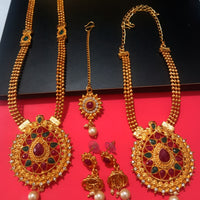 N0200_Grand Temple jewelry style Micro Gold matte polish necklace set with delicate art work of tear drop design over sized pendant studded with a touch of  pink, green & white stones along with pearl drops.