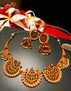 N0195_Gorgeous Temple jewelry style Micro Gold matte polish choker necklace set with delicate art work of moon design studded with a touch of semi Precious pink & green stones along with pearl drops.