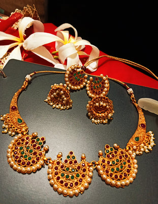N0195_Gorgeous Temple jewelry style Micro Gold matte polish choker necklace set with delicate art work of moon design studded with a touch of semi Precious pink & green stones along with pearl drops.