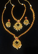 N0204_Elegant Temple jewelry style Micro Gold matte polish necklace set with beautiful craft work peacock designs pendant  with a touch of pink stones and pearl drops.