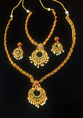 N0204_Elegant Temple jewelry style Micro Gold matte polish necklace set with beautiful craft work peacock designs pendant  with a touch of pink stones and pearl drops.