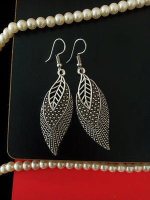 E0523_ Gorgeous German Silver oxidized crafted leaf earring with delicate art work of beautiful patterns (medium size).