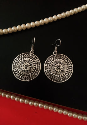 E0527_ Elegant German Silver oxidized crafted disc shaped earring with delicate art work (medium size).