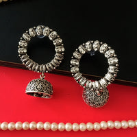 E0422_ Smashing German Silver oxidized crafted jumka studded stones & bead drops (medium size).