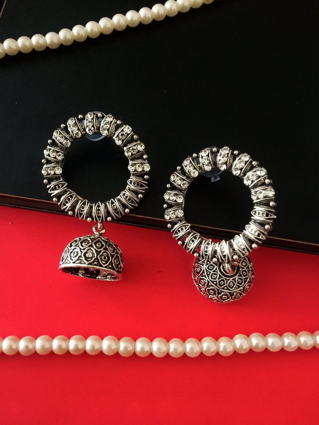 E0422_ Smashing German Silver oxidized crafted jumka studded stones & bead drops (medium size).
