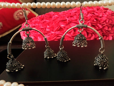 E0430_ Smashing German Silver oxidized crafted semi circular danglers with jumka along with a touch of bead drops (long hangings).
