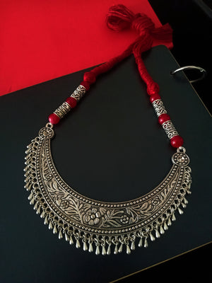 N0216_Classic German Silver Oxidized elaborated necklace with delicate work of floral patterns.